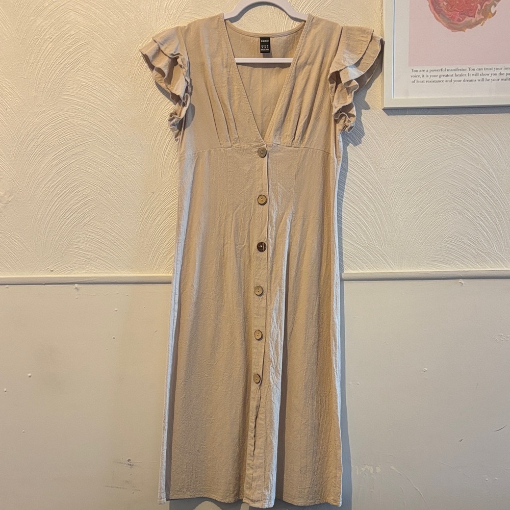 SHEIN Tan Linen Midi Dress with Ruffle Sleeves